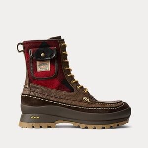Polo Ralph Lauren Logan Leather & Plaid Wool Boot Chocolate / Red Plaid Size 11